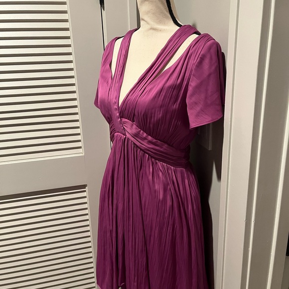 Anthropologie Magenta Pleated V-Neck Mini Dress - Picture 2 of 5